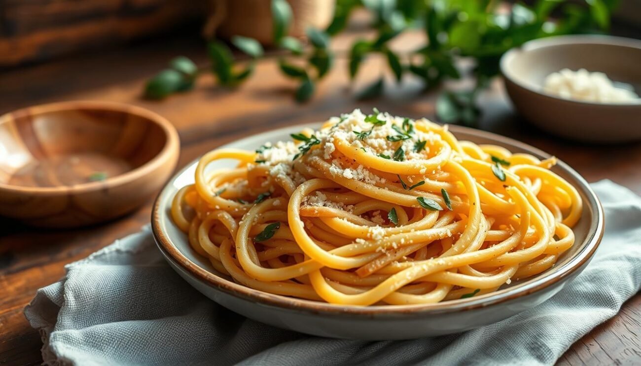 An artisanal plate of whole wheat pasta, gently illuminated by soft natural light. The noodles, slightly al dente, are coated in a light, creamy sauce, infused with the savory notes of parmesan and fresh herbs. The dish is presented against a rustic, Italian-inspired backdrop, with a wooden table, linen napkin, and a hint of greenery in the background, conveying a sense of simple, homemade elegance. The overall mood is one of wholesome, nourishing comfort, reflecting the ethos of healthy, low-glycemic pasta consumption for those managing diabetes.