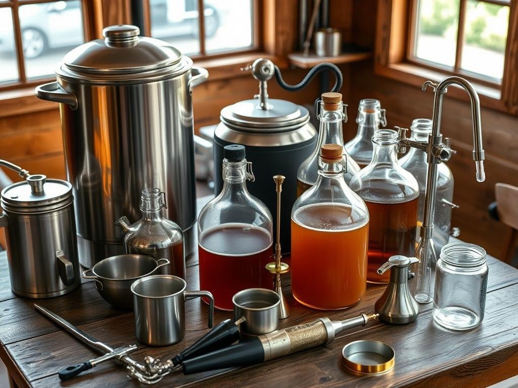 An assortment of essential homebrewing equipment arranged on a rustic wooden table, including a gleaming stainless steel brew kettle, a selection of sturdy glass carboys, a polished siphon, and various other tools and accessories. The scene is bathed in warm, natural lighting, creating a cozy, inviting atmosphere, perfect for the hands-on process of crafting artisanal beer. The focus is on the tools and ingredients, underscoring the importance of proper equipment and attention to detail in successful homebrewing.