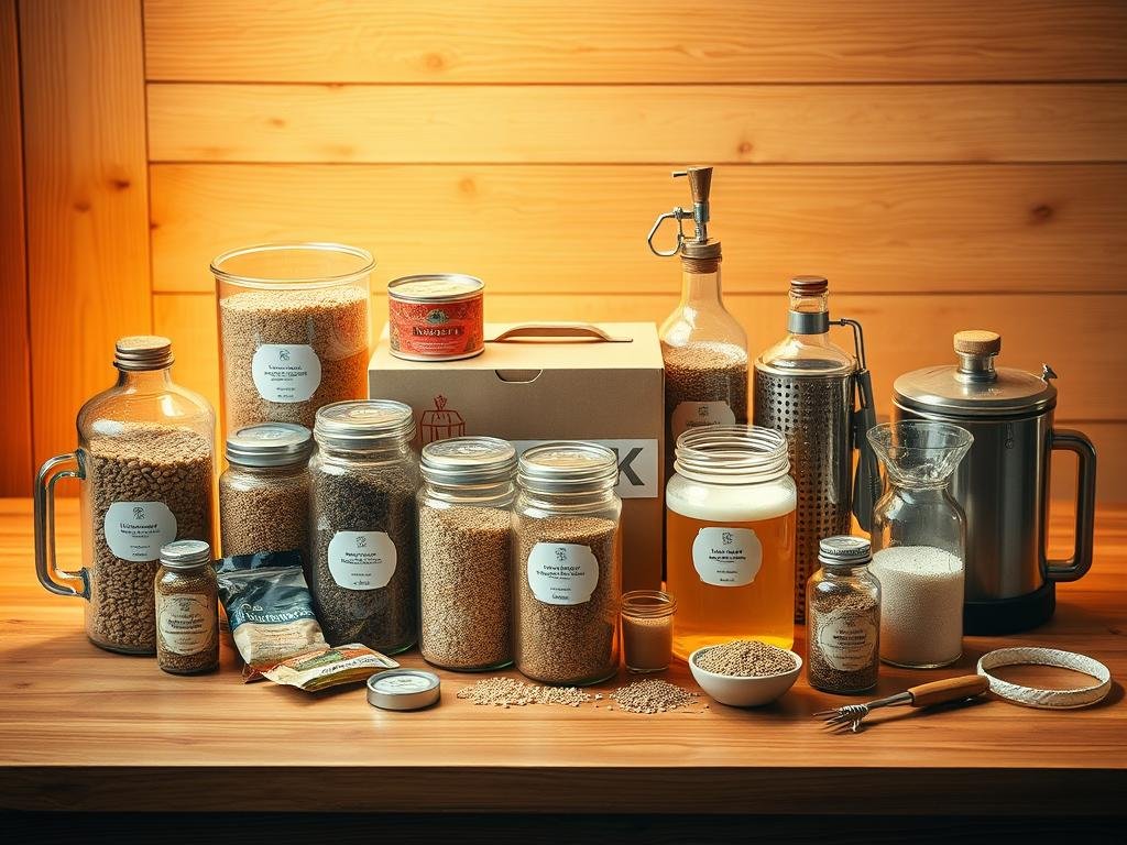 An assortment of home beer brewing kits neatly arranged on a wood-grain table, illuminated by warm, natural lighting. The kits feature a variety of shapes and sizes, with clear containers showcasing the essential components - grains, hops, yeast, and other brewing paraphernalia. The scene exudes a sense of experimentation and artisanal craftsmanship, inviting the viewer to explore the diverse possibilities of homemade beer. The image captures the essence of the "Le diverse tipologie di kit birra" section, highlighting the range of options available for the at-home brewer.
