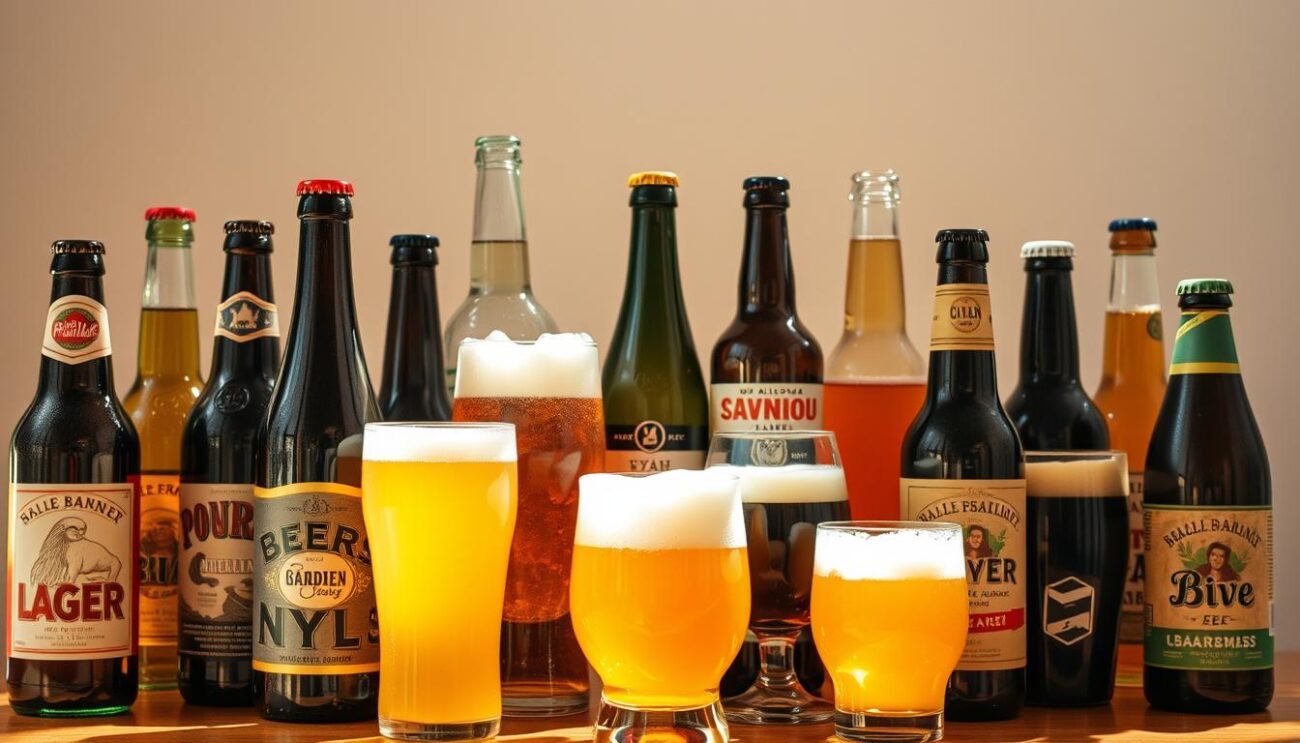 An assortment of non-alcoholic beer styles, displayed in a minimalist, yet visually appealing manner. A variety of beer bottles and glasses, each showcasing the distinctive characteristics of various low-alcohol or alcohol-free beer types, such as lagers, ales, and stouts. The scene is bathed in warm, natural lighting, creating a cozy and inviting atmosphere. The bottles and glassware are arranged in a symmetrical, yet casual layout, emphasizing the diverse range of non-alcoholic beer options available. The overall composition conveys a sense of sophistication and refinement, challenging the notion that non-alcoholic beer is a lesser alternative to traditional beer.