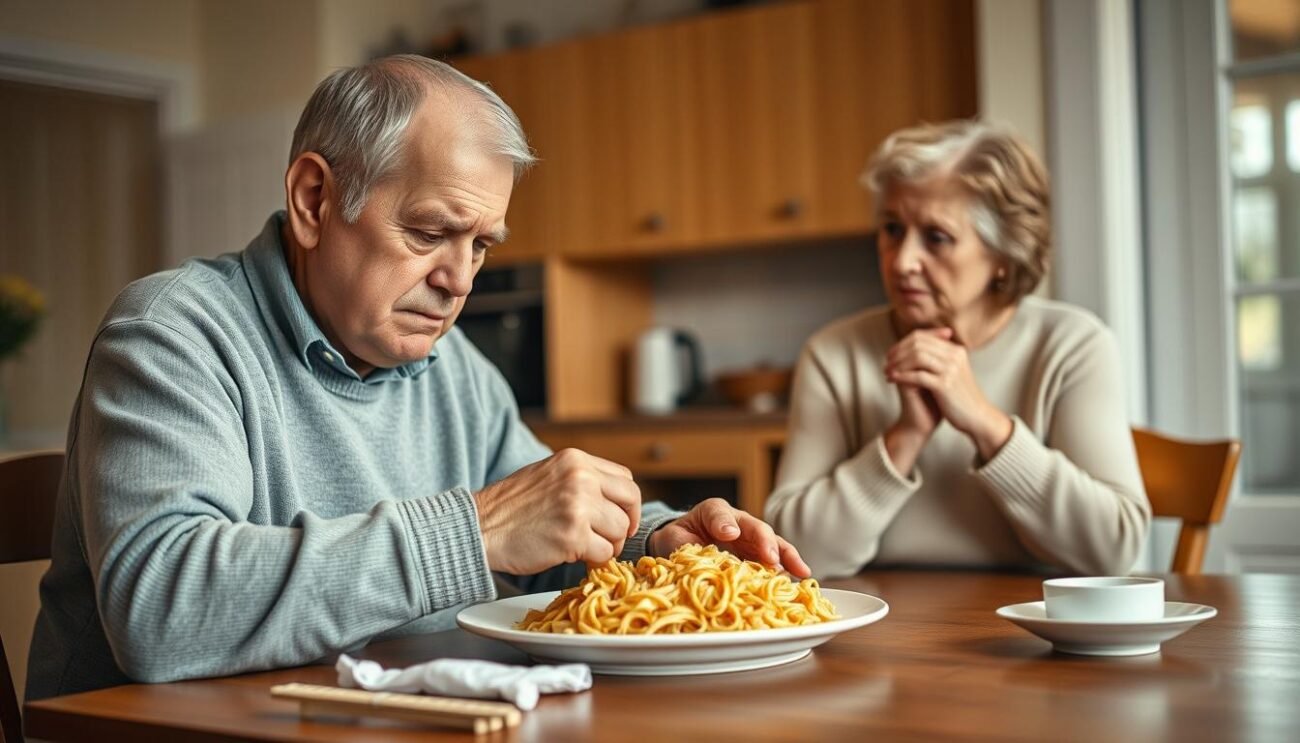 An elderly couple struggling with chewing difficulties, sitting at a simple table in a warm, softly lit kitchen. The husband's brow is furrowed as he carefully navigates a plate of soft, pasta-based meal, while his wife watches with a concerned expression, her hands clasped together. The scene conveys the everyday challenges faced by the aging population in maintaining proper nutrition and the importance of specialized, easy-to-chew foods that can help preserve their health and independence. An elderly couple struggling with chewing difficulties, sitting at a simple table in a warm, softly lit kitchen. The husband's brow is furrowed as he carefully navigates a plate of soft, pasta-based meal, while his wife watches with a concerned expression, her hands clasped together. The scene conveys the everyday challenges faced by the aging population in maintaining proper nutrition and the importance of specialized, easy-to-chew foods that can help preserve their health and independence.