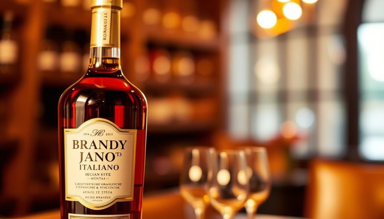 An elegant bottle of Brandy IGP Italiano, its amber hues gleaming under soft, warm lighting. The bottle's classic shape and label design evoke a sense of tradition and heritage. In the background, a blurred, atmospheric setting suggests a cozy, intimate environment, like a well-appointed cellar or tasting room. The overall scene conveys the rich, complex character of this Italian brandy, with a focus on its sensory qualities as described in the section title "Caratteristiche Organolettiche e Tecniche".