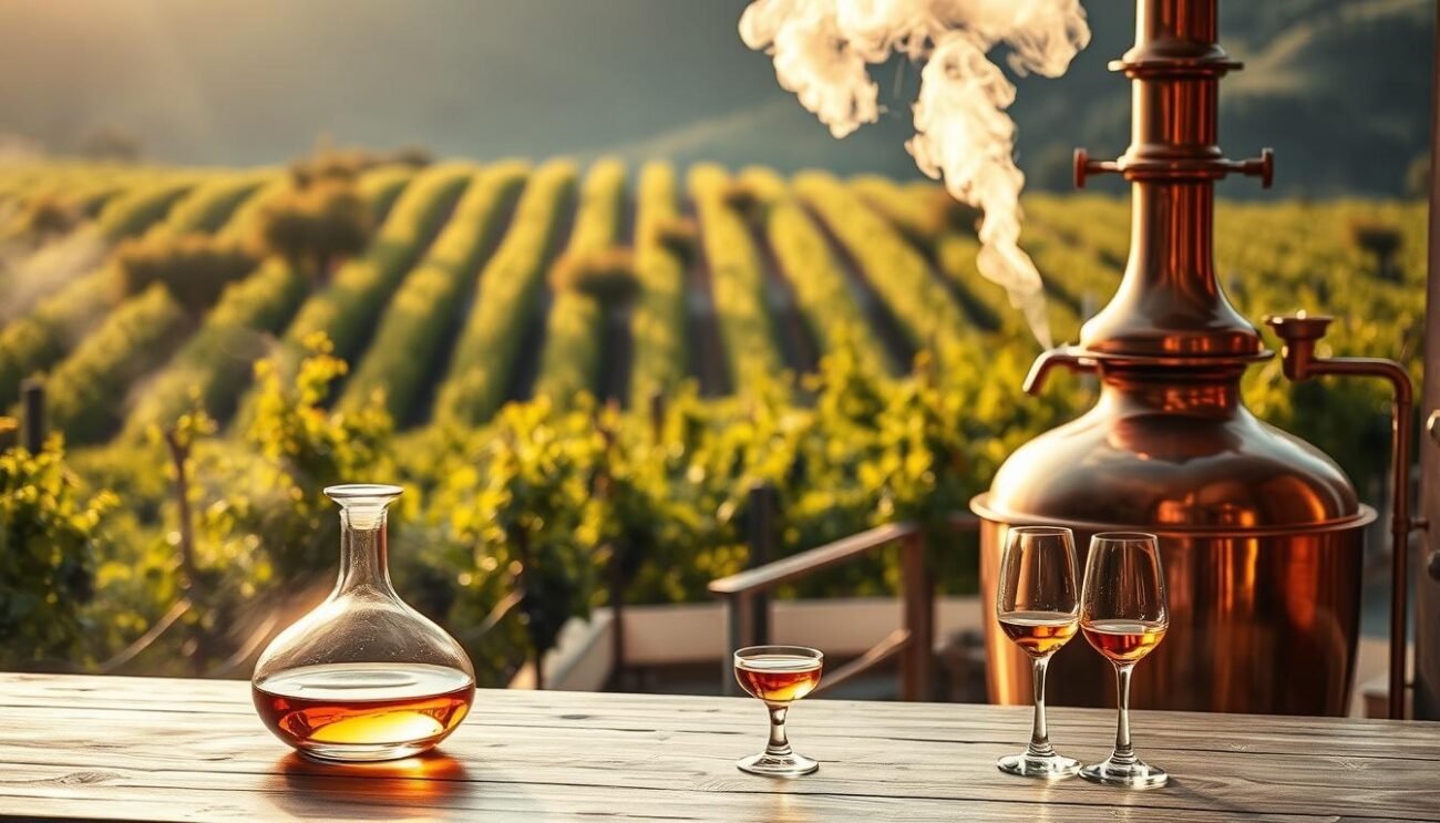 An elegant copper still stands against a backdrop of lush Italian vineyards, steam rising from the spout as the fragrant vapors of freshly distilled grappa are captured. The scene is bathed in warm, golden light, highlighting the intricate details of the traditional apparatus. In the foreground, a glass decanter and tasting glasses await, inviting the viewer to experience the art of premium grappa distillation. The overall atmosphere evokes a sense of centuries-old craftsmanship, where time-honored techniques coexist with modern innovation to produce the finest spirits. An elegant copper still stands against a backdrop of lush Italian vineyards, steam rising from the spout as the fragrant vapors of freshly distilled grappa are captured. The scene is bathed in warm, golden light, highlighting the intricate details of the traditional apparatus. In the foreground, a glass decanter and tasting glasses await, inviting the viewer to experience the art of premium grappa distillation. The overall atmosphere evokes a sense of centuries-old craftsmanship, where time-honored techniques coexist with modern innovation to produce the finest spirits.