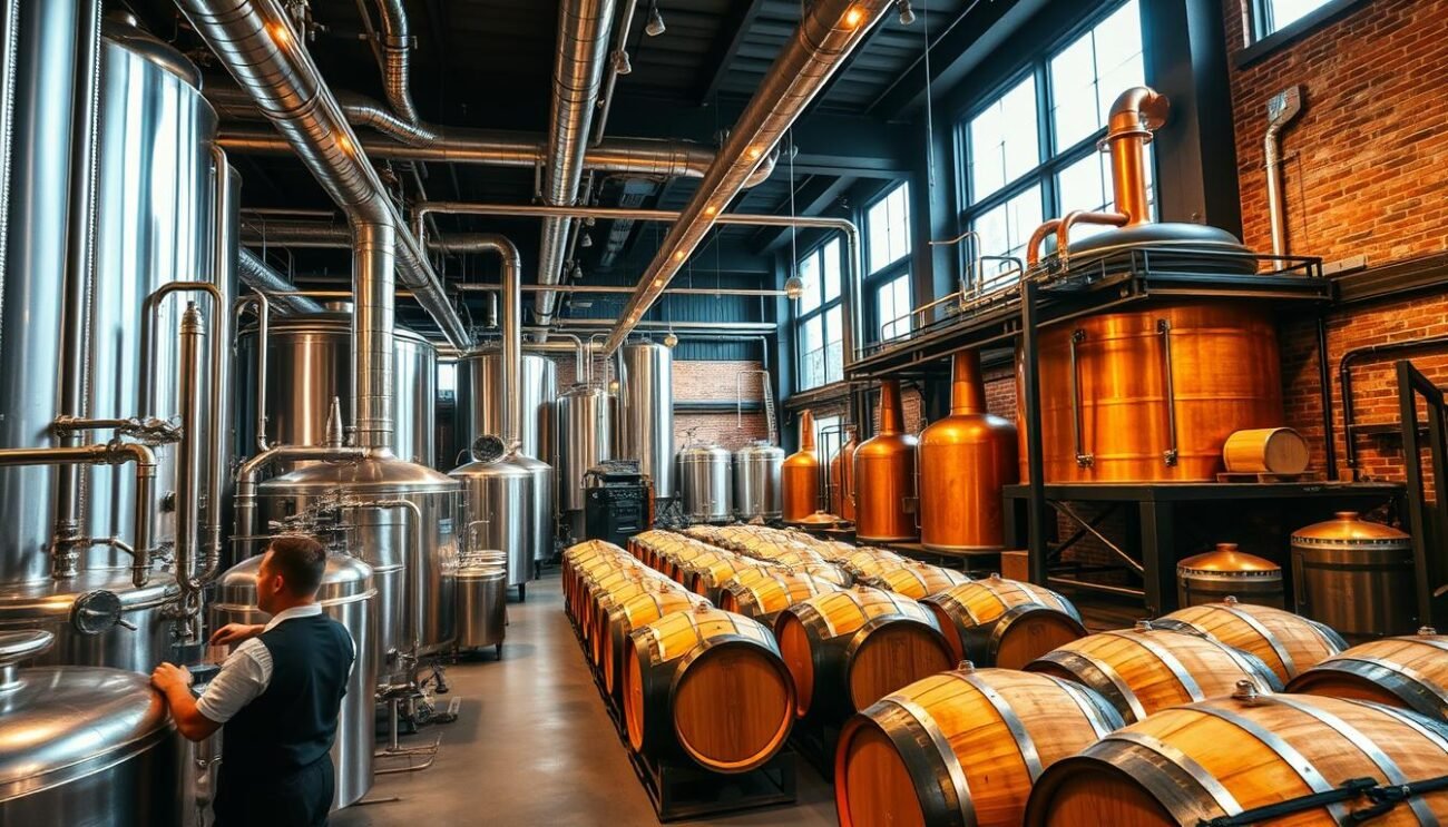 An expansive, industrial-style brewery, with gleaming steel tanks and pipes running along the ceiling. In the foreground, a skilled brewer carefully monitors the brewing process, measuring ingredients and adjusting temperatures. In the middle ground, rows of oak barrels house aging ales, their rich aromas permeating the air. The background reveals a contrast, with a small, rustic microbrewery, its copper kettles and wooden casks evoking a more artisanal approach. Warm, amber lighting casts a cozy glow, while natural light streams in from tall windows, illuminating the distinct worlds of industrial and craft beer production.