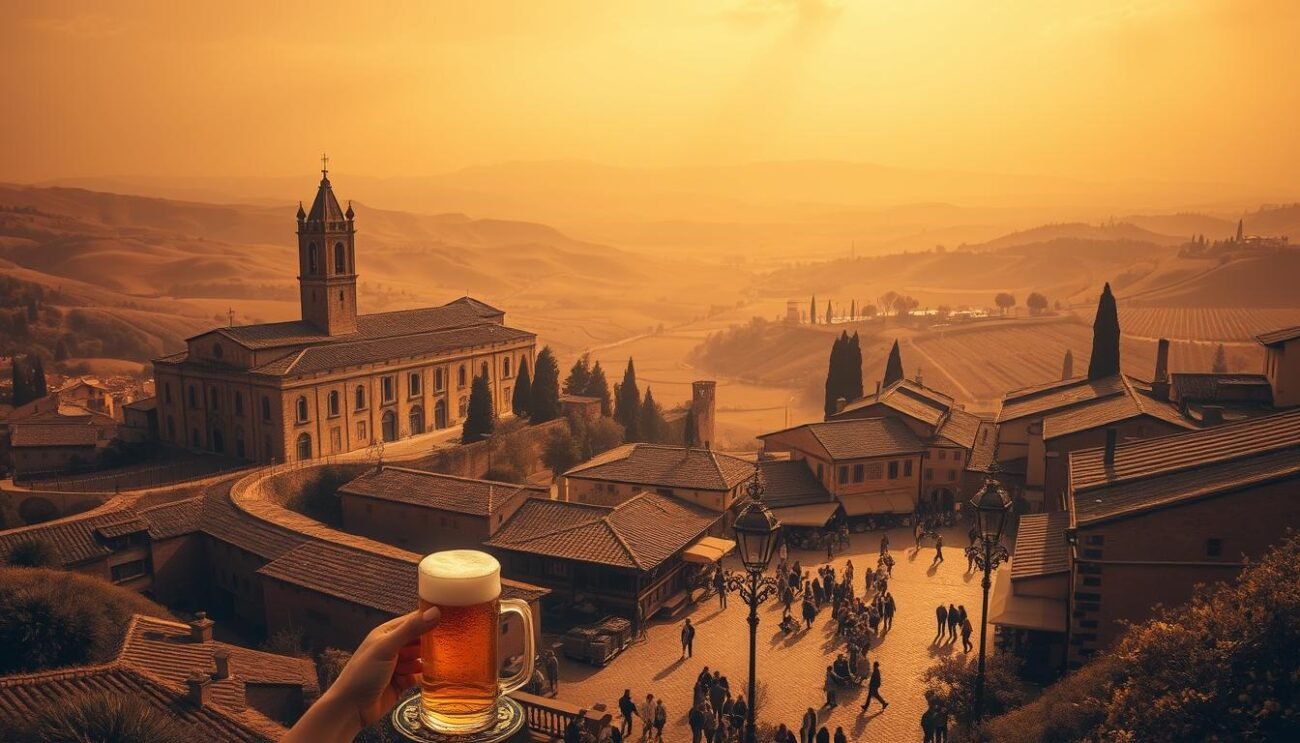 An expansive, sepia-toned landscape depicting the storied history of Italian beer. In the foreground, a medieval monastery stands amidst rolling hills, its ancient walls and stained-glass windows reflecting the rich tradition of monastic brewing. In the middle ground, a bustling town square comes alive, with locals enjoying frothy mugs of artisanal ales under the warm glow of cobblestone streets and wrought-iron lampposts. The background fades into a hazy, dreamlike vista of vineyards and olive groves, hinting at the cultural influences that have shaped Italy's unique beer heritage over the centuries. Soft, warm lighting illuminates the scene, evoking a sense of timeless elegance and the enduring spirit of Italian craftsmanship.