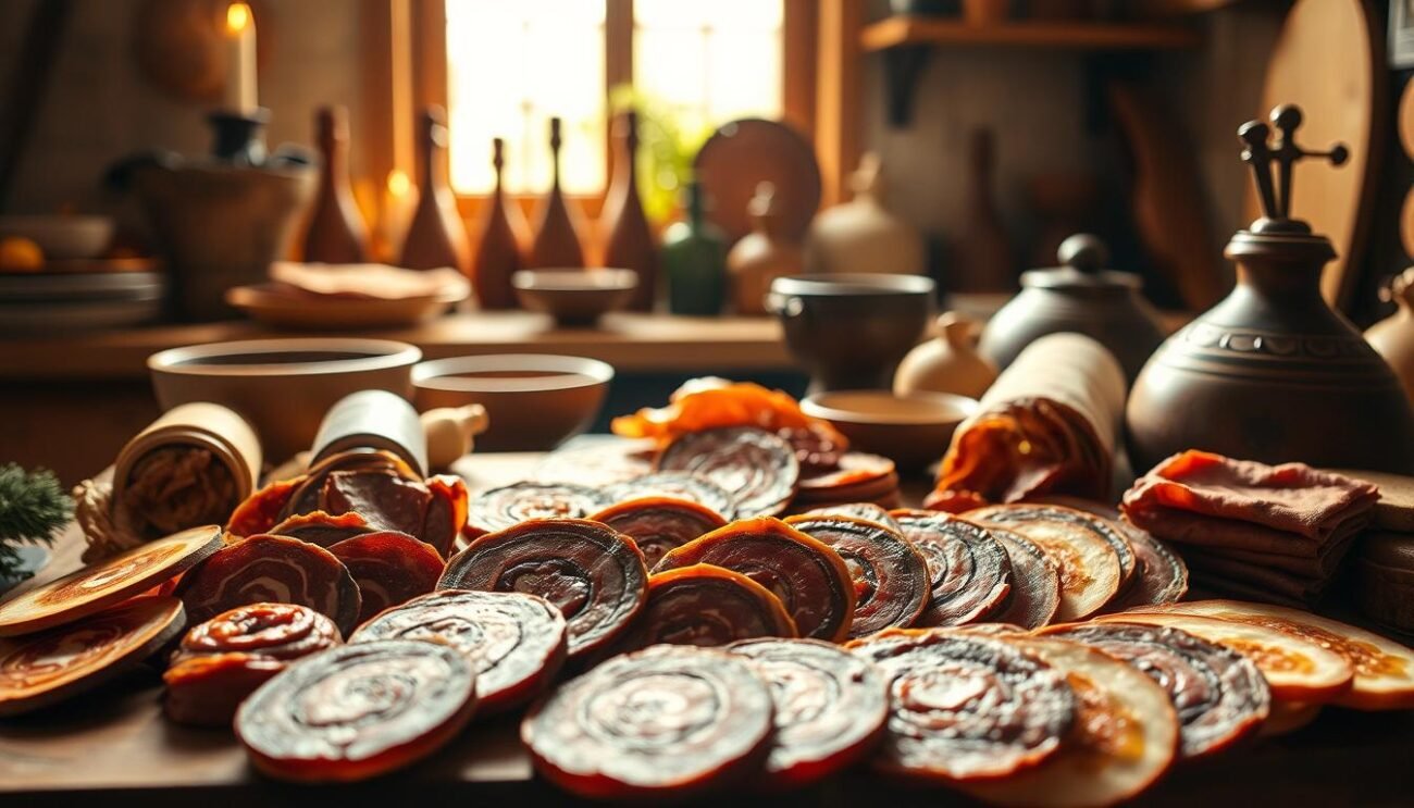An exquisite display of Italian salumi craftsmanship, captured in a captivating still life. In the foreground, an artful arrangement of cured meats, each slice revealing the intricate patterns and rich hues that define their unique character. The middle ground showcases traditional wooden cutting boards and rustic earthenware dishes, complementing the artisanal essence. In the background, a warm, softly-lit setting evokes the cozy ambiance of an authentic Italian kitchen, evoking a sense of heritage and culinary tradition. Bathed in golden, natural light, this scene celebrates the culmination of centuries-old techniques and the proud legacy of Italian salumi making.