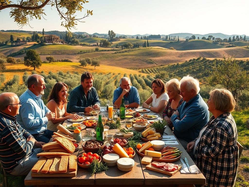 An idyllic Tuscan countryside scene, lush with rolling hills, charming farmhouses, and olive groves bathed in warm, golden light. In the foreground, a rustic wooden table laden with traditional Tuscan delicacies - freshly baked bread, cured meats, local cheeses, and a bounty of seasonal produce. A group of lively locals gathered around, engaged in animated conversation, their faces reflecting the joy and conviviality of shared meals and time-honored culinary traditions. The scene evokes a sense of timelessness, where the rhythms of the land and the rituals of the kitchen are intertwined, preserving the essence of Tuscan gastronomic heritage. An idyllic Tuscan countryside scene, lush with rolling hills, charming farmhouses, and olive groves bathed in warm, golden light. In the foreground, a rustic wooden table laden with traditional Tuscan delicacies - freshly baked bread, cured meats, local cheeses, and a bounty of seasonal produce. A group of lively locals gathered around, engaged in animated conversation, their faces reflecting the joy and conviviality of shared meals and time-honored culinary traditions. The scene evokes a sense of timelessness, where the rhythms of the land and the rituals of the kitchen are intertwined, preserving the essence of Tuscan gastronomic heritage.