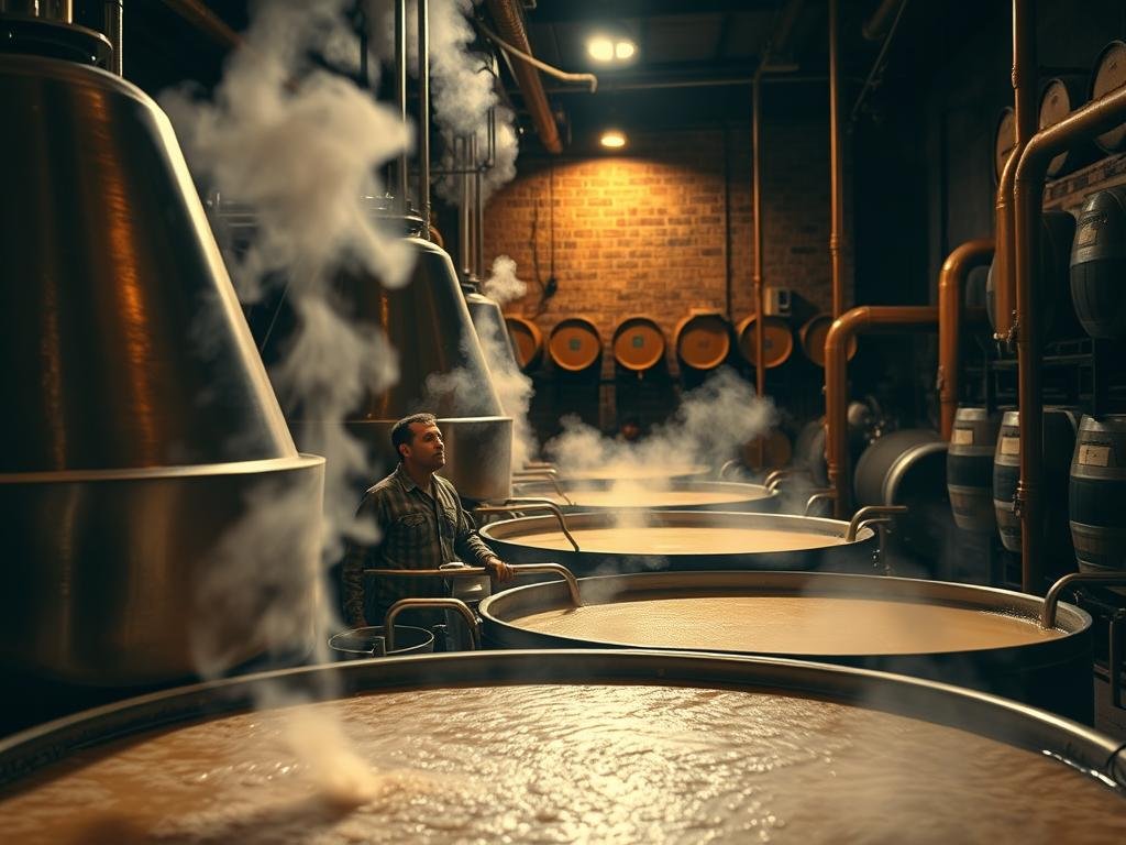 An image of industrial steel vats and copper pipes, with steam rising from the boiling wort. The scene is dimly lit, with warm golden tones and subtle shadows, conveying the artisanal and traditional atmosphere of the beer brewing process. In the foreground, a brewer closely monitors the temperature and gravity of the liquid, while in the background, barrels and kegs line the walls, hinting at the finished product. The overall composition emphasizes the importance of the mashing stage in extracting the necessary sugars from the malted grains, a crucial step in the beer-making journey.