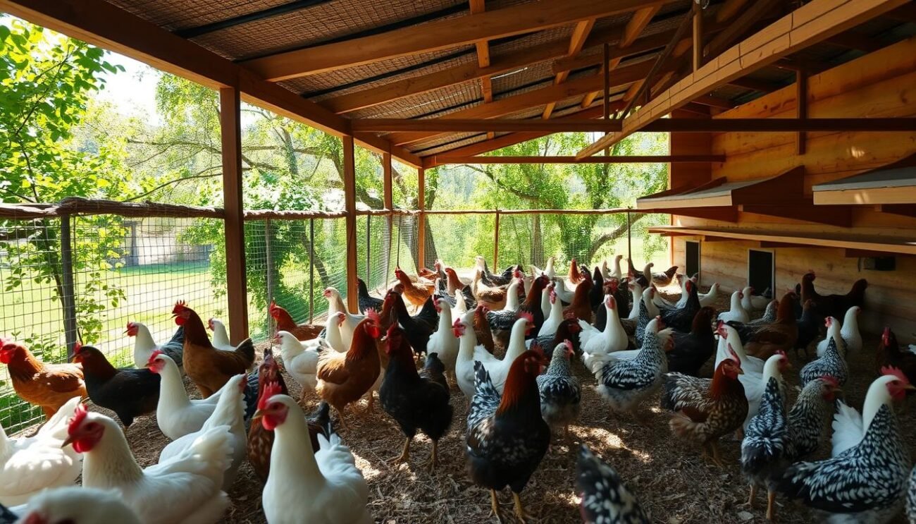 An outdoor chicken coop in a pastoral Italian setting, with a spacious enclosure surrounded by lush greenery and natural light. Hens roam freely, bathing in sunlight that filters through the foliage. The enclosure features sturdy wooden structures, providing ample shelter and nesting areas. The layout is designed to comply with regulations, ensuring the hens' well-being and optimal living conditions. The scene exudes a sense of tranquility and harmony, reflecting the practical and ethical considerations of open-air poultry farming.