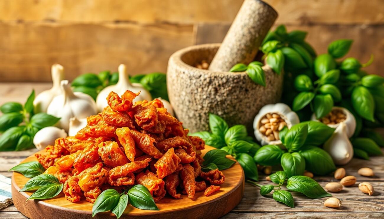 Arrange a tantalizing still life displaying the essential ingredients for the Lucan specialty Pesto Peperoni Cruschi. In the foreground, place a wooden board showcasing a mound of vibrant, crisp fried peperoni cruschi peppers, their surface caramelized and crinkled. Surround them with a scatter of fresh basil leaves, their deep green hues contrasting beautifully. In the middle ground, position a mortar and pestle, its rough stone texture hinting at the manual labor required to create this flavorful pesto. Pile high the remaining key ingredients - garlic cloves, pine nuts, grated Pecorino Romano cheese, and a drizzle of rich olive oil - around the mortar, inviting the viewer to envision the aromas and textures of this authentic regional dish. Bathe the entire scene in warm, golden Mediterranean light, evoking the sun-drenched fields of Basilicata where this unique pesto originates.