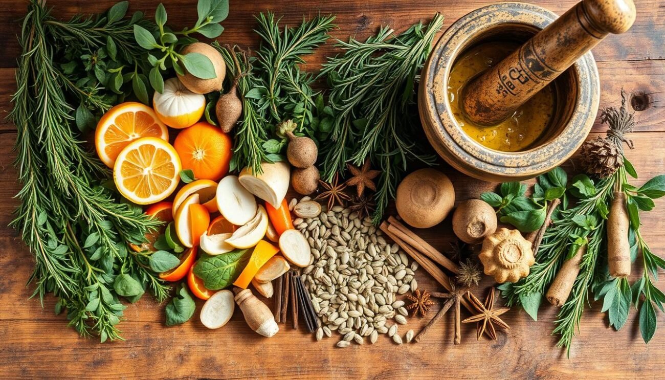 Arrayed on a rustic wooden table, an assortment of fresh herbs, roots, and botanicals - the essential ingredients for crafting traditional Italian herbal liqueurs. Sprigs of rosemary, thyme, and sage mingle with fragrant citrus peels, fennel seeds, and a selection of aromatic spices. The scene is bathed in soft, natural light, highlighting the vibrant colors and textures of the ingredients. A mortar and pestle stands ready to grind and release the essence of these earthy elements, ready to be transformed into a sipping pleasure steeped in centuries of Italian heritage.