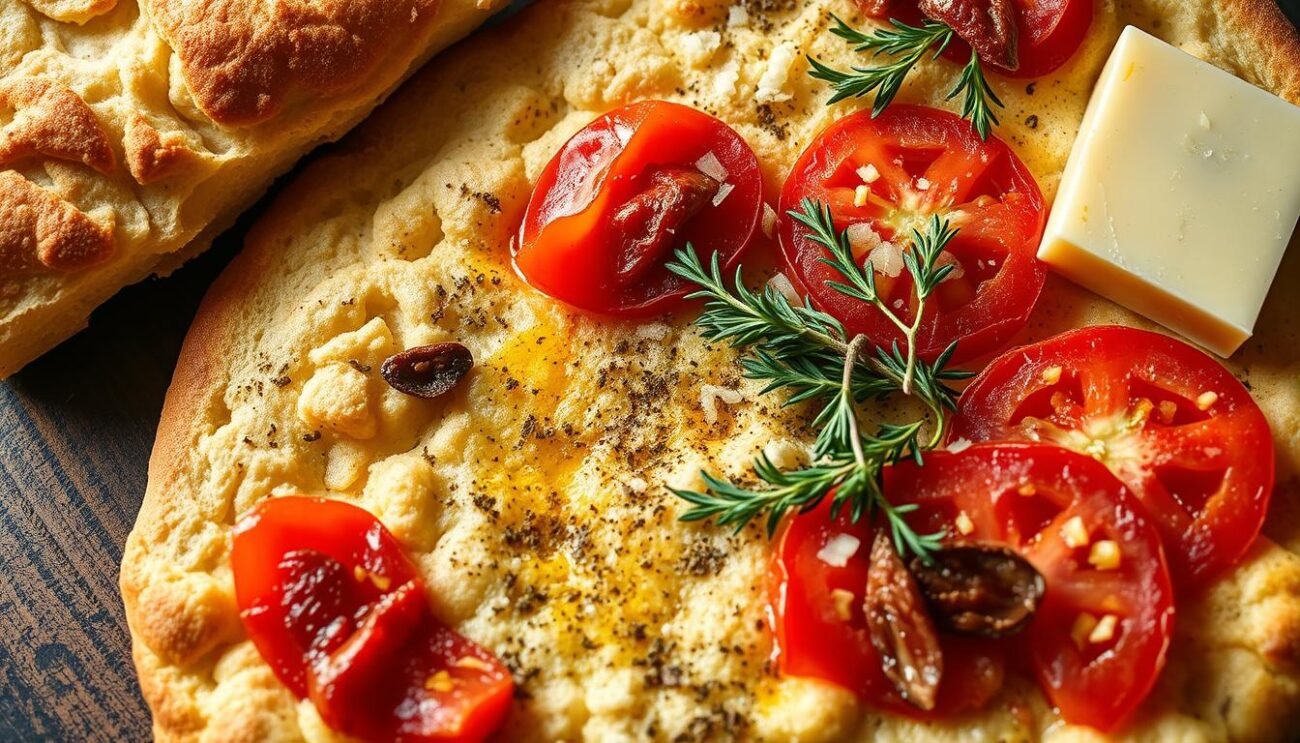 Artfully arranged ingredients for the traditional Sicilian sfincione flatbread: fluffy, golden-brown bread dough, sliced tomatoes with their vibrant red hues, savory anchovies, fragrant oregano, and buttery Pecorino Romano cheese. The lighting casts a warm, rustic glow, highlighting the natural textures and colors of these essential components. The camera angle provides a close-up, detailed view, inviting the viewer to imagine the aroma and flavor of this iconic Palermitan dish. A sense of authenticity and regional pride permeates the scene, reflecting the deep culinary heritage of this beloved Sicilian specialty. Artfully arranged ingredients for the traditional Sicilian sfincione flatbread: fluffy, golden-brown bread dough, sliced tomatoes with their vibrant red hues, savory anchovies, fragrant oregano, and buttery Pecorino Romano cheese. The lighting casts a warm, rustic glow, highlighting the natural textures and colors of these essential components. The camera angle provides a close-up, detailed view, inviting the viewer to imagine the aroma and flavor of this iconic Palermitan dish. A sense of authenticity and regional pride permeates the scene, reflecting the deep culinary heritage of this beloved Sicilian specialty.