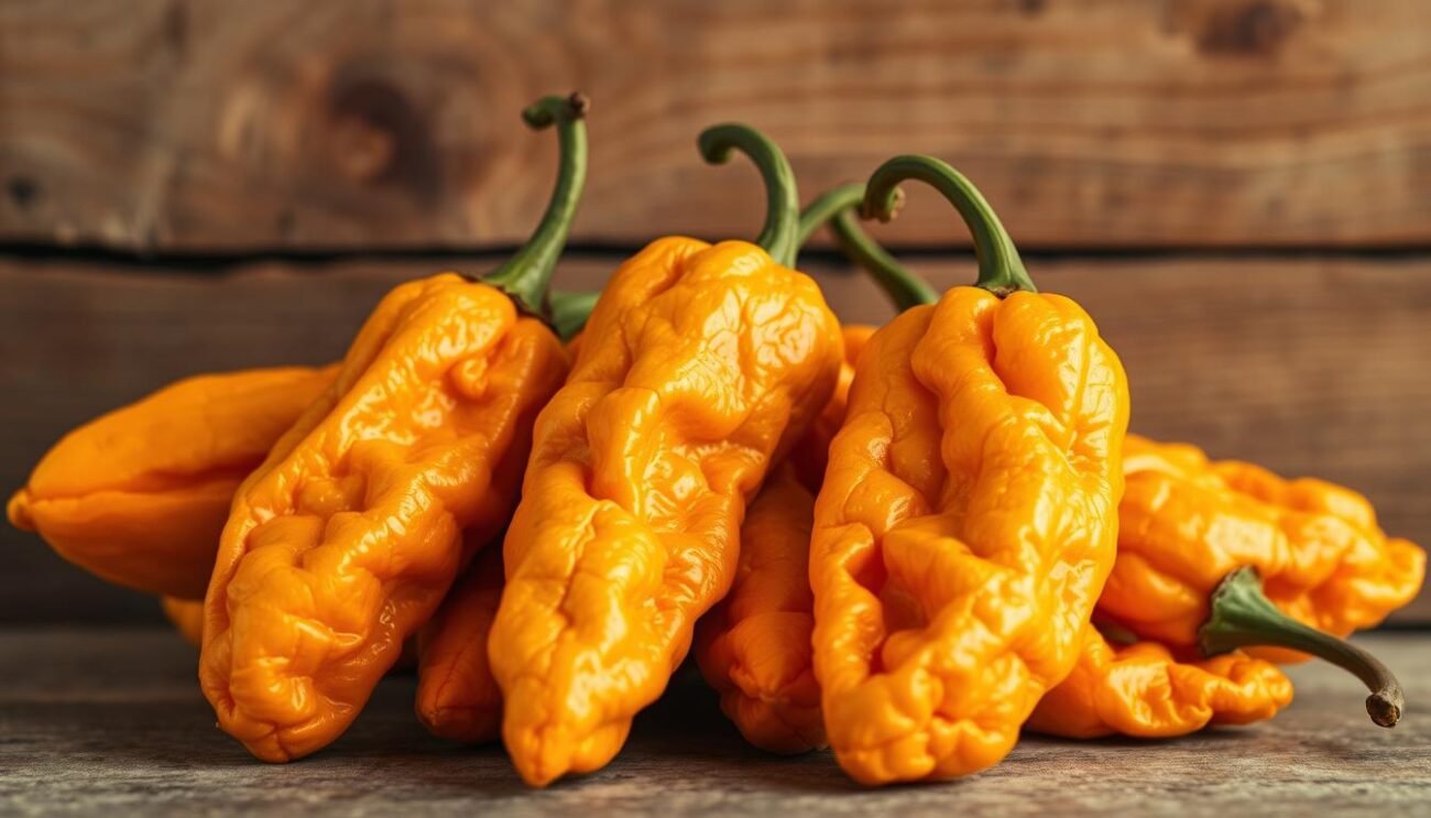 Crisp, golden-brown peperoni cruschi (crunchy peppers) against a rustic wooden background. The peppers, grown in the fertile soil of Basilicata, Italy, are carefully dried in the warm Mediterranean sun, their skin crackling with every bite. Warm ochre lighting casts a cozy glow, highlighting the peppers' wrinkled, pebbled texture and rich, earthy hues. The scene evokes the traditional cuisine and time-honored culinary practices of the Lucanian region, where these beloved peppers are a cherished ingredient in pesto and countless other local dishes.