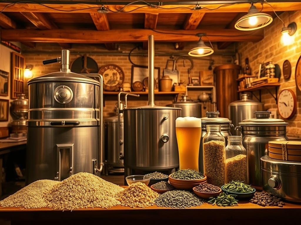 Detailed all-grain brewing process depicted in a warm, rustic Italian setting. Foreground showcases traditional brewing equipment like mash tun, kettle, and fermentation vessel. Middle ground features various grains, hops, and other ingredients. Background captures the ambiance of an Italian craft brewery, with wooden beams, brick walls, and vintage decor. Warm, golden lighting casts a cozy glow, highlighting the artisanal nature of the all-grain brewing technique. The scene conveys a sense of expertise, tradition, and passion for the craft of homebrewing. Overall, the image embodies the transition to all-grain brewing and the expertise required to elevate one's beer-making skills.