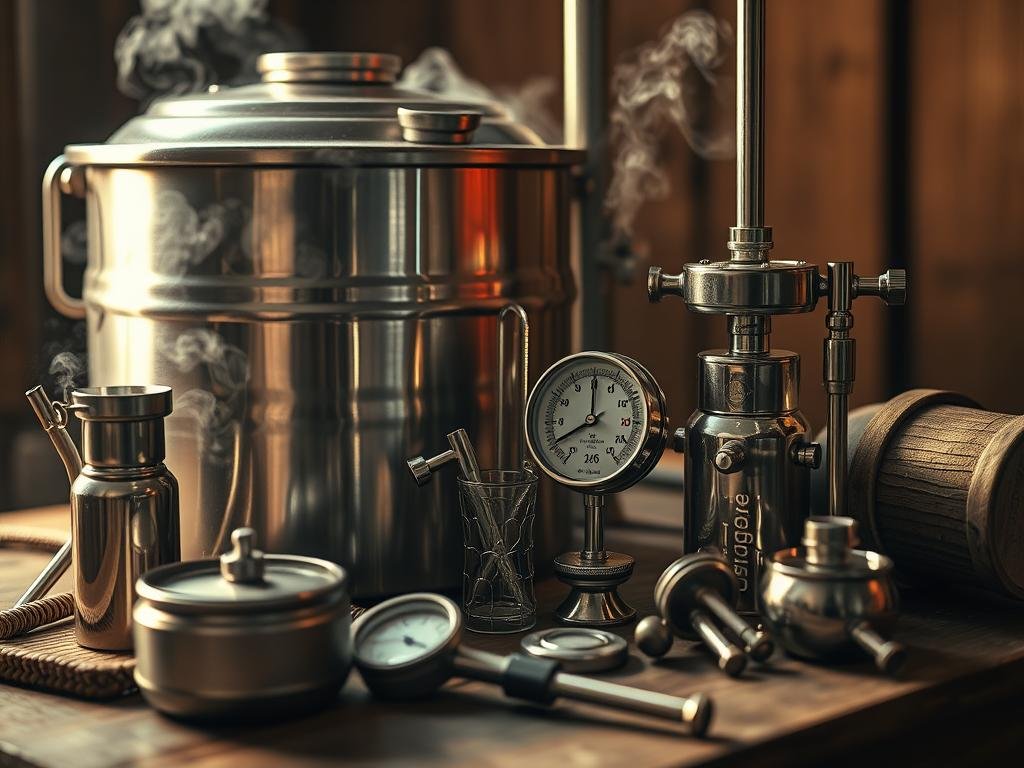 Detailed close-up shot of advanced beer mashing techniques, showcasing various tools and vessels used in the mashing process. Warm, earthy tones with dramatic lighting highlighting the intricate textures and materials. The scene features a stainless steel mash tun, a refractometer, a thermometer, and other specialized equipment on a wooden surface. Subtle steam or mist adds a sense of artisanal craftsmanship. The overall composition conveys the expertise and precision required in modern beer production, inspired by traditional Italian brewing methods.