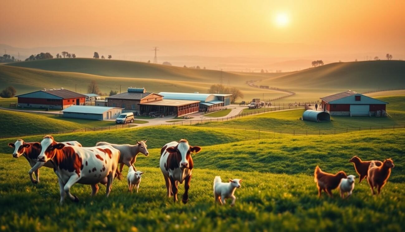 Detailed illustration of animal welfare protocols in Italian farms. A serene pastoral scene featuring rolling hills, verdant meadows, and well-appointed farm buildings. In the foreground, a group of contented livestock - cows, sheep, and chickens - roam freely, their movements captured with a shallow depth of field. The middle ground showcases modern farming infrastructure like feedlots, milking parlors, and open-air pens, all designed with the animals' comfort and safety in mind. The background features a hazy horizon, bathed in warm, golden-hour lighting that casts a tranquil glow over the entire composition. The overall mood is one of harmony, sustainability, and a deep respect for the wellbeing of the animals under the care of responsible Italian farmers.