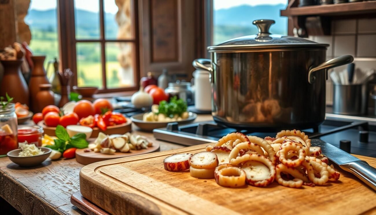 Detailed image of a traditional Italian preparation of ragù di polpo (octopus ragu). Set in a rustic, warm-toned kitchen environment. In the foreground, a large heavy-bottomed pot simmers on a stovetop, surrounded by various cooking tools and ingredients such as chopped octopus, tomatoes, onions, garlic, herbs and spices. The middle ground features a wooden cutting board with sliced octopus tentacles and a sharp knife. In the background, a window provides natural lighting and a view of an Italian countryside landscape. The overall scene conveys a homemade, slow-cooked, and authentic Italian culinary experience.