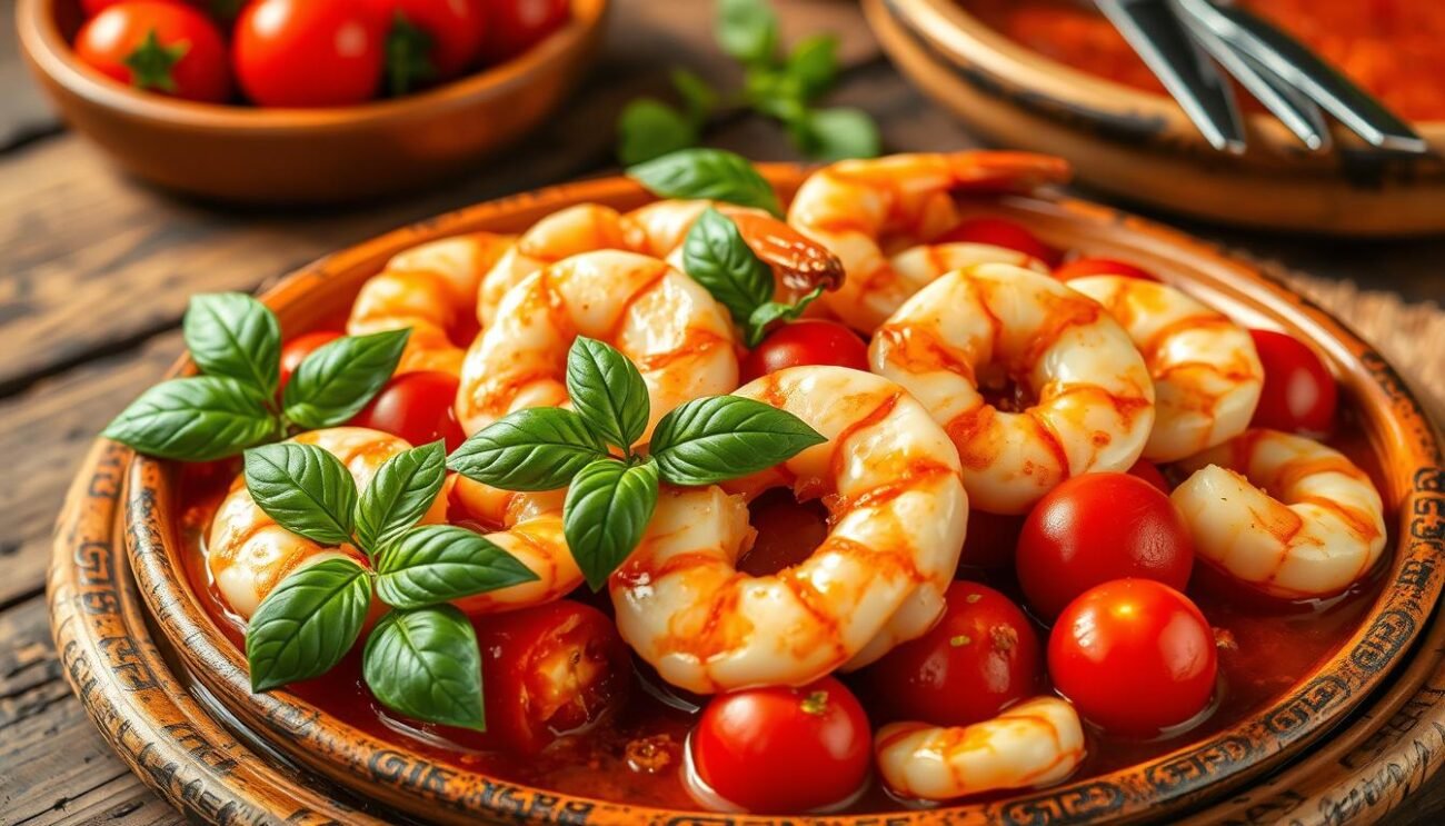 Freshly caught jumbo shrimp sautéed with vibrant cherry tomatoes, glistening in a natural olive oil and garlic sauce. The shrimp are plump and juicy, their crimson hues contrasting beautifully against the deep red of the tomatoes. A scattering of fresh basil leaves adds a touch of verdant elegance. The scene is set against a rustic Italian backdrop, with a worn wooden table and simple earthenware dishes. Warm, golden lighting casts a cozy, inviting glow over the entire composition. The aroma of this classic Mediterranean dish fills the air, promising a delectable culinary experience.