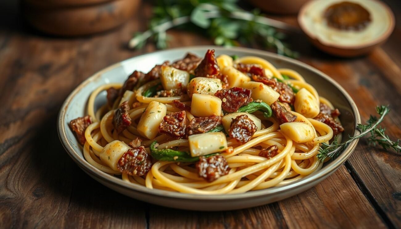 Freshly prepared pasta with tender artichoke hearts and crispy pancetta. A delightful medley of flavors simmered in a savory sauce, artfully arranged on a rustic wooden table. Soft, natural lighting casts a warm glow, accentuating the vibrant greens and golden browns. The scene evokes an authentic Italian kitchen, inviting the viewer to imagine the satisfying texture and aroma of this homemade dish. A close-up perspective captures the intricate details, allowing the viewer to envision the process of assembling this mouthwatering recipe. Freshly prepared pasta with tender artichoke hearts and crispy pancetta. A delightful medley of flavors simmered in a savory sauce, artfully arranged on a rustic wooden table. Soft, natural lighting casts a warm glow, accentuating the vibrant greens and golden browns. The scene evokes an authentic Italian kitchen, inviting the viewer to imagine the satisfying texture and aroma of this homemade dish. A close-up perspective captures the intricate details, allowing the viewer to envision the process of assembling this mouthwatering recipe.