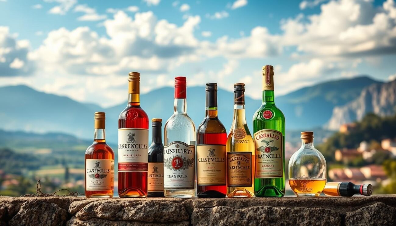 Genera un'immagine che rappresenti la ricchezza e la diversità dei distillati italiani Genera un'immagine che rappresenti la ricchezza e la diversità dei distillati italiani