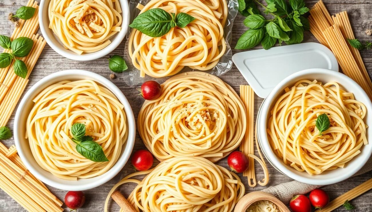 Genera un'immagine di diverse tipologie di pasta senza glutine