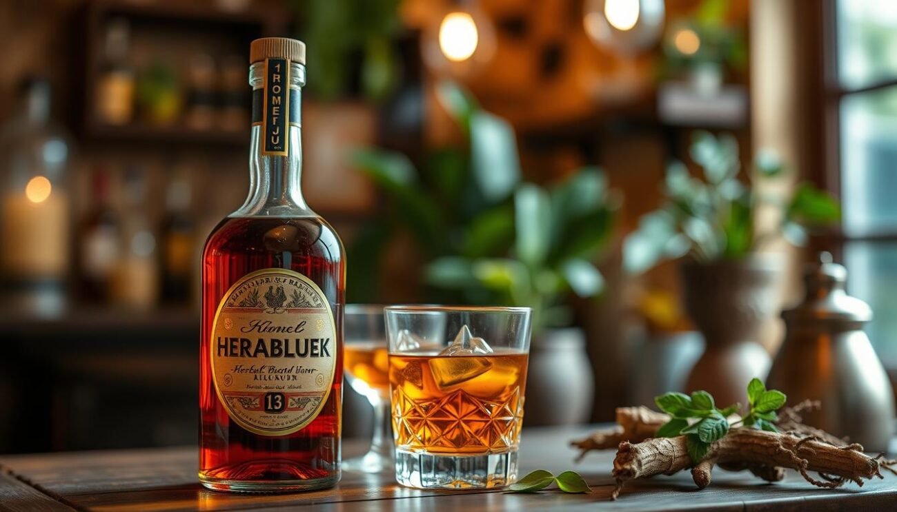 Genera un'immagine di un liquore a base di erbe e radici