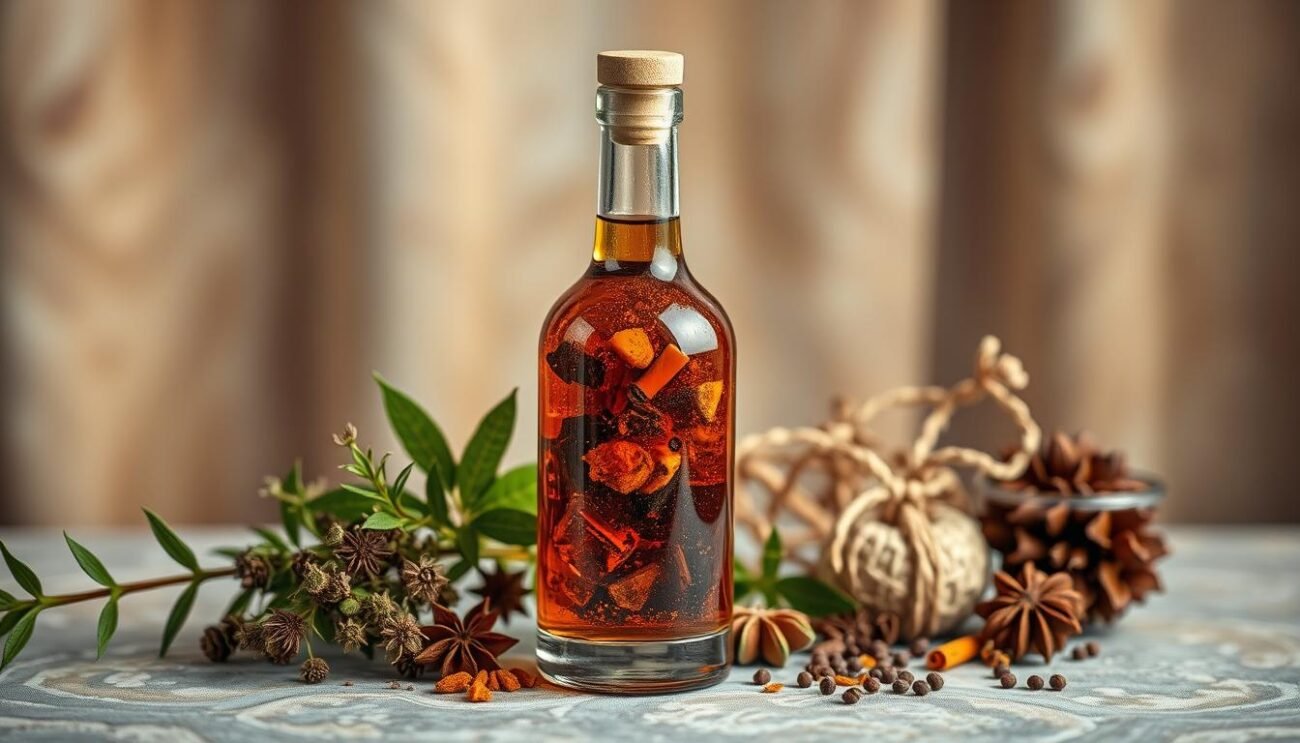 Genera un'immagine di un liquore a base di erbe e spezie