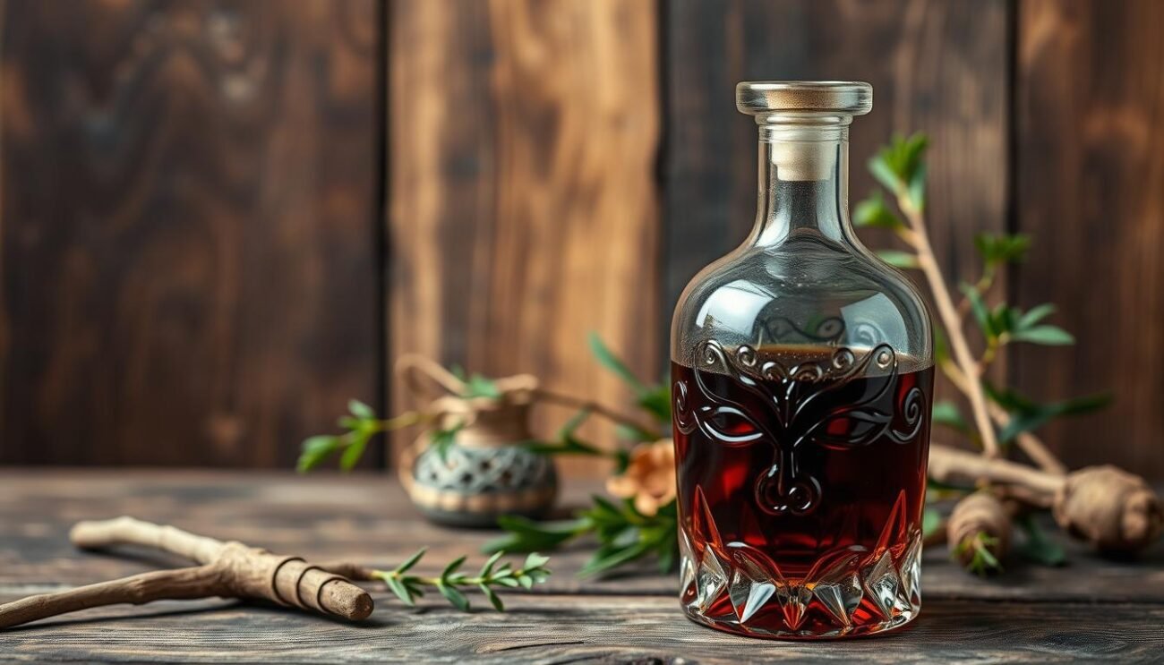 Genera un'immagine di un liquore a base di radici e cortecce