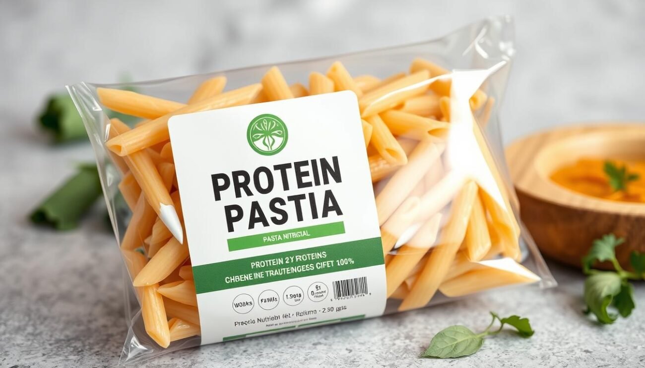 Genera un'immagine di una confezione di pasta proteica con un'etichetta che evidenzia le sue proprietà nutrizionali. Genera un'immagine di una confezione di pasta proteica con un'etichetta che evidenzia le sue proprietà nutrizionali.
