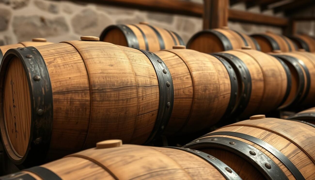 Generazione di un'immagine che rappresenti botti di legno utilizzate per l'invecchiamento di distillati italiani Generazione di un'immagine che rappresenti botti di legno utilizzate per l'invecchiamento di distillati italiani