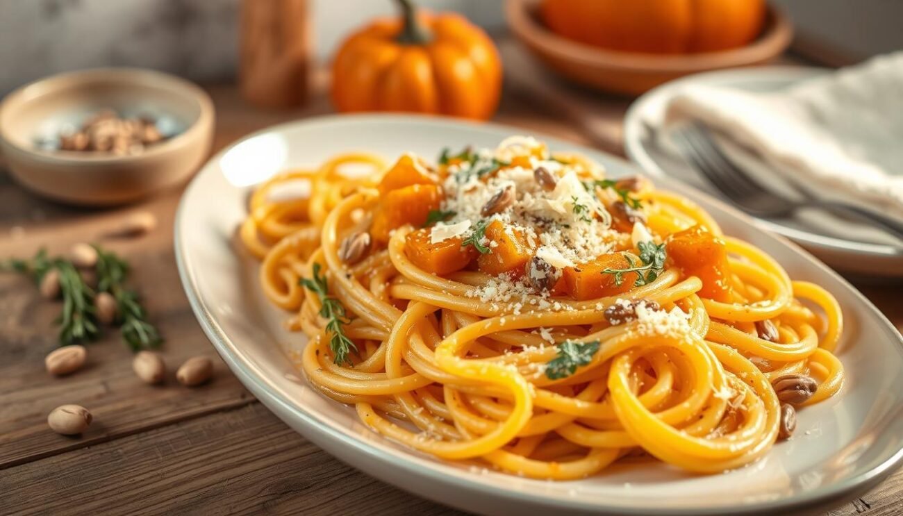 Gourmet pasta dish with roasted pumpkin, creamy sauce, and luxury ingredients. Beautifully arranged on a rustic wooden table, the dish exudes an autumnal atmosphere. Soft, warm lighting highlights the vibrant orange hue of the pumpkin, complemented by the rich, velvety sauce. Garnished with delicate herbs, toasted pine nuts, and a grating of aged Parmesan, the plate is a culinary masterpiece. The composition is balanced, with the pasta noodles forming the foreground, the pumpkin and sauce in the middle, and a blurred background of a cozy Italian kitchen setting. The overall mood is one of comforting, seasonal indulgence.