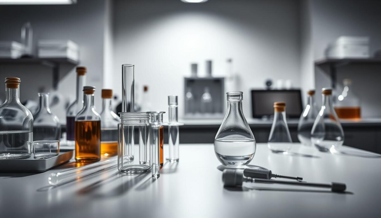 High-contrast scientific laboratory setting with various test tubes, beakers, and scientific equipment on a sleek, modern table. Bright, directional lighting casts sharp shadows and highlights the glassware. Subtle depth of field blur draws the eye to the center of the frame. Muted color palette with touches of metallic accents. Crisp, detailed textures convey a sense of precision and empirical analysis. Overall, a clean, clinical aesthetic that evokes the rigorous, data-driven nature of scientific research on antibiotics.