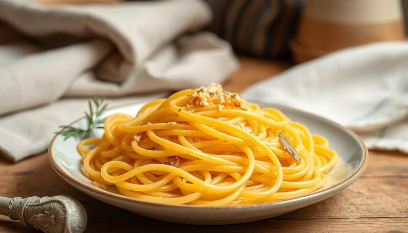 High quality digital photograph of a beautiful plate of fresh homemade pasta proteica, or high-protein pasta. The pasta is cooked to a perfect al dente texture, with a vibrant golden color. The plate is set against a rustic Italian backdrop, with a simple wooden table and neutral-toned textiles in the background. Soft, warm lighting illuminates the dish, highlighting the delicate strands of pasta and any garnishes or sauces. The composition is clean and elegant, putting the pasta itself at the center of the frame. The overall mood is one of simple Italian culinary delight, showcasing the nutritional benefits of this specialized pasta variety. High quality digital photograph of a beautiful plate of fresh homemade pasta proteica, or high-protein pasta. The pasta is cooked to a perfect al dente texture, with a vibrant golden color. The plate is set against a rustic Italian backdrop, with a simple wooden table and neutral-toned textiles in the background. Soft, warm lighting illuminates the dish, highlighting the delicate strands of pasta and any garnishes or sauces. The composition is clean and elegant, putting the pasta itself at the center of the frame. The overall mood is one of simple Italian culinary delight, showcasing the nutritional benefits of this specialized pasta variety.