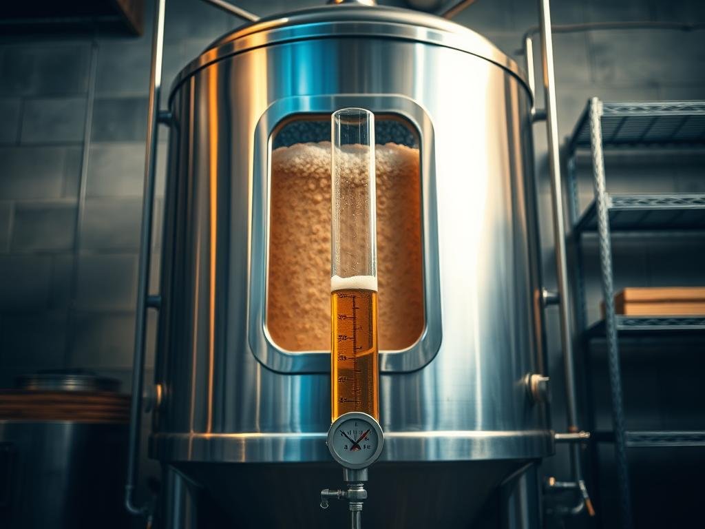 High-quality image of an artisanal beer fermentation control setup. A stainless steel fermentation tank with a clear front panel, showcasing the bubbling, fermenting beer inside. In the foreground, a precision hydrometer float sits partially submerged, monitoring the beer's density. Warm, golden lighting illuminates the scene, casting soft shadows. The background features a minimalist, industrial-style setting with concrete walls and metal shelving, alluding to a professional brewery environment. The overall mood is one of scientific precision and artisanal craftsmanship, reflecting the controlled yet creative nature of the beer fermentation process.