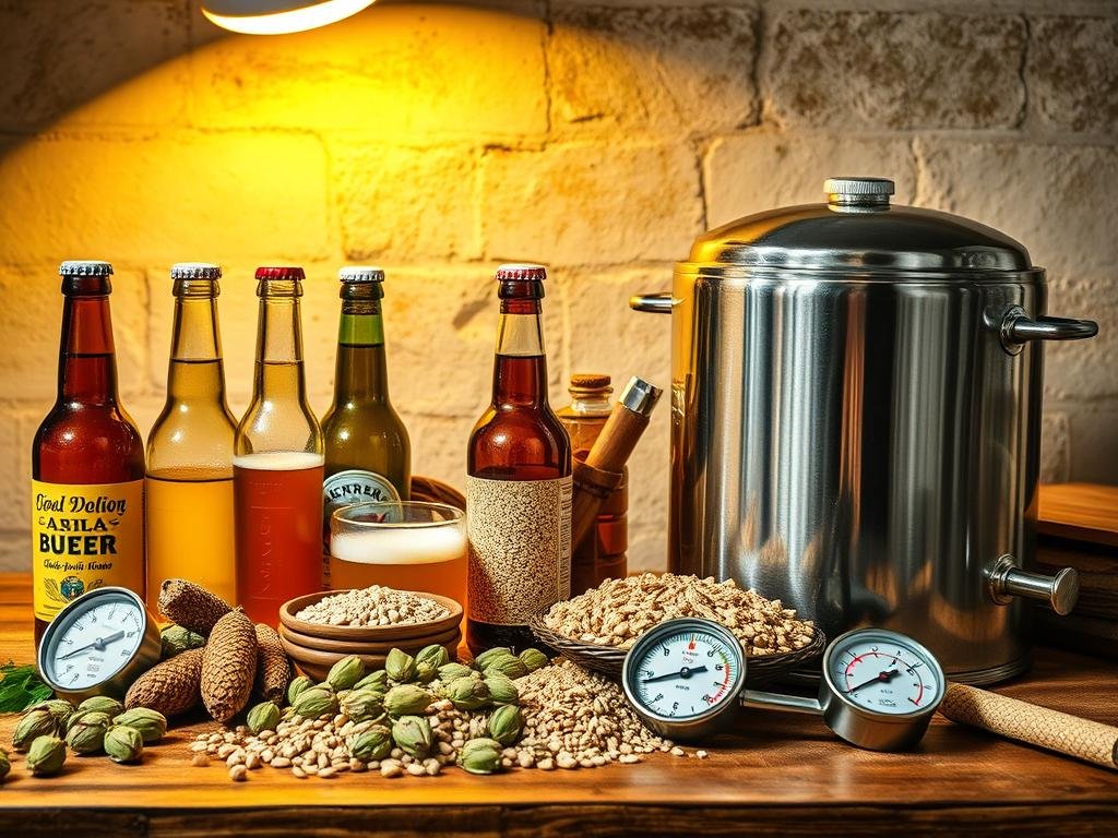 High-quality table top scene depicting the essential home brewing ingredients and equipment for the "Ingredienti e Attrezzature per la Produzione Casalinga" section. Prominently featured are glass bottles of various beer styles, hops cones, malt grains, a thermometer, a hydrometer, and a large stainless steel brew kettle under warm, golden studio lighting from an overhead softbox. The scene is neatly organized and styled, with a rustic, Italian aesthetic inspired by product photos found online. The overall mood is one of craftsmanship, artisanal pride, and the joy of home brewing. High-quality table top scene depicting the essential home brewing ingredients and equipment for the "Ingredienti e Attrezzature per la Produzione Casalinga" section. Prominently featured are glass bottles of various beer styles, hops cones, malt grains, a thermometer, a hydrometer, and a large stainless steel brew kettle under warm, golden studio lighting from an overhead softbox. The scene is neatly organized and styled, with a rustic, Italian aesthetic inspired by product photos found online. The overall mood is one of craftsmanship, artisanal pride, and the joy of home brewing.