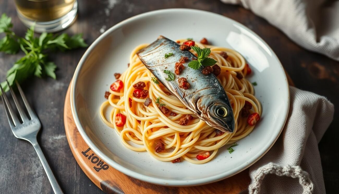 Immagina un piatto di spaghetti senza glutine conditi con tapenade e sgombro fresco