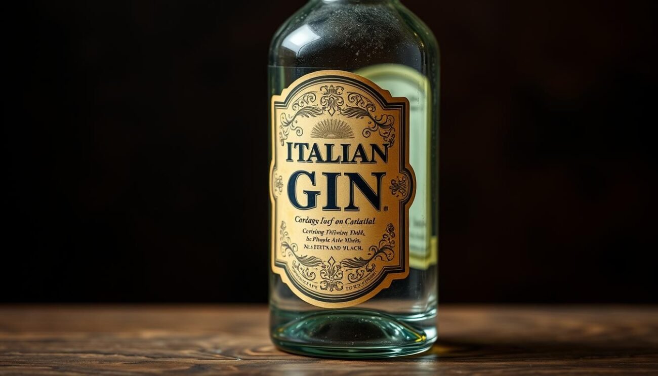 Immagina un'antica bottiglia di Gin italiano con etichetta elegante e raffinata.
