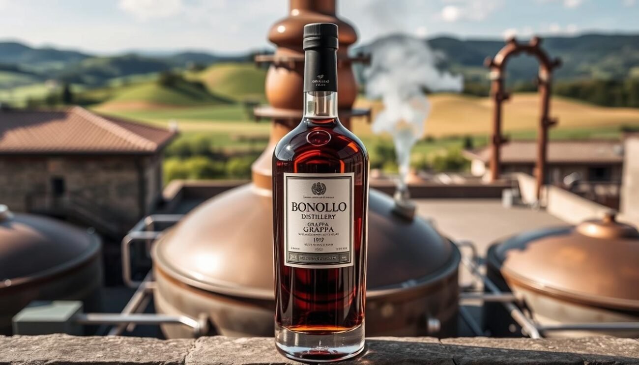 Immagine della Distilleria Bonollo con una bottiglia di grappa Immagine della Distilleria Bonollo con una bottiglia di grappa