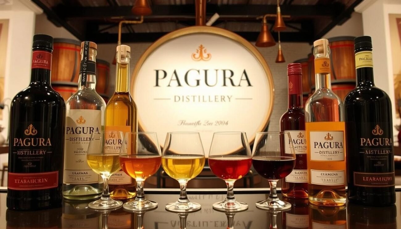 Immagine della Distilleria Pagura con una selezione di grappe Immagine della Distilleria Pagura con una selezione di grappe