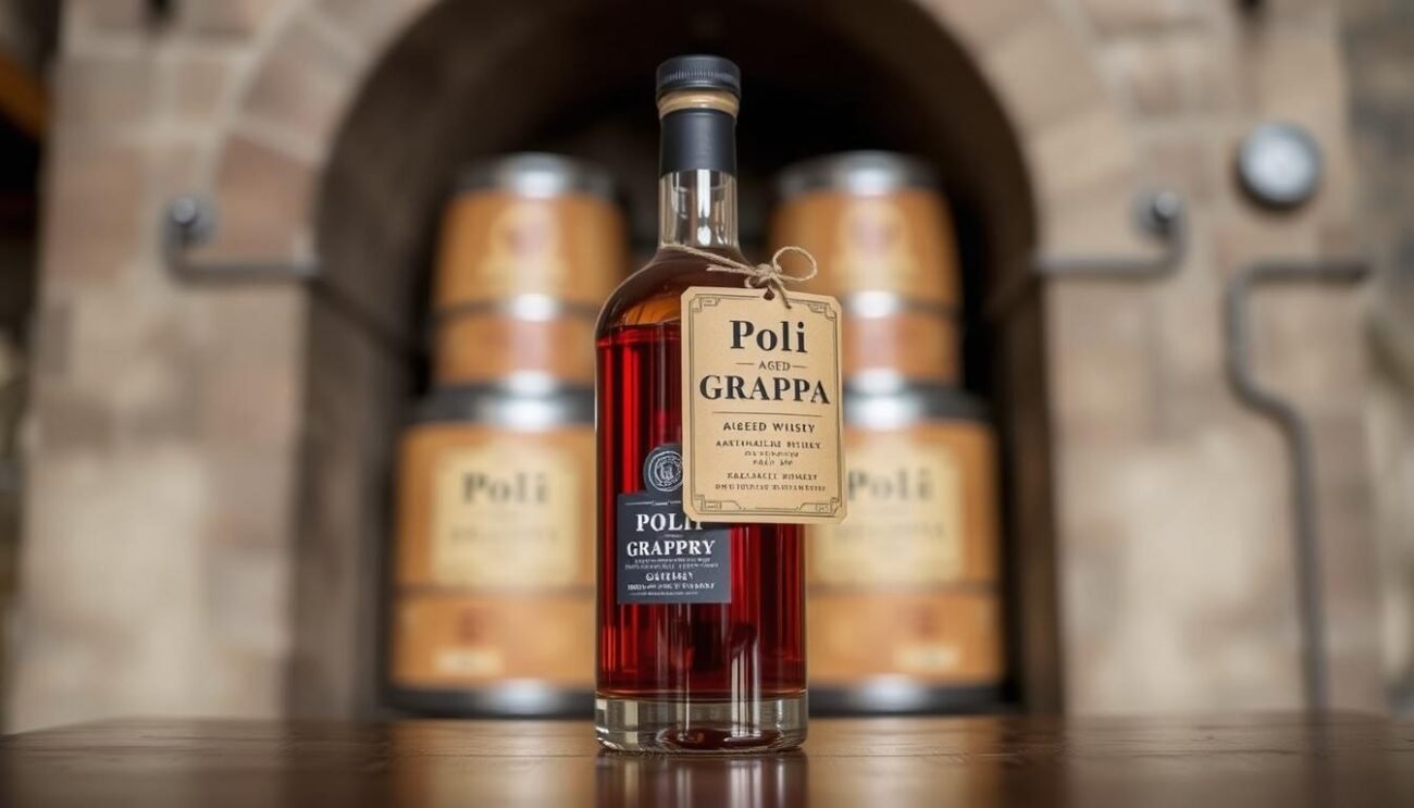 Immagine della Distilleria Poli con una bottiglia di grappa riserva Immagine della Distilleria Poli con una bottiglia di grappa riserva