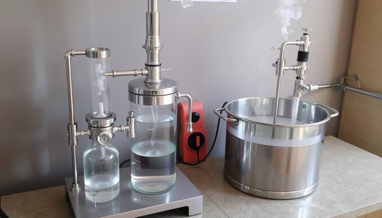 Immagine di un alambicco a vapore accanto a uno a bagnomaria Immagine di un alambicco a vapore accanto a uno a bagnomaria