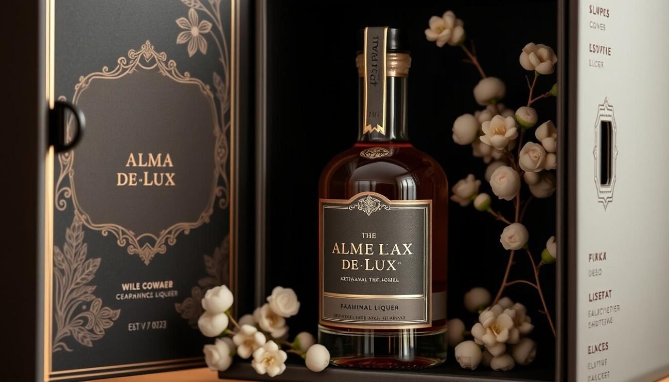 Immagine di una bomboniera personalizzata con una bottiglia di liquore artigianale Alma De Lux Immagine di una bomboniera personalizzata con una bottiglia di liquore artigianale Alma De Lux