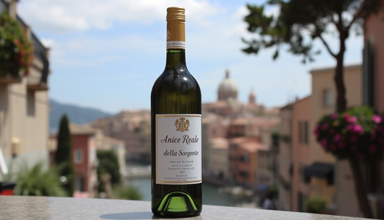 Immagine di una bottiglia di Anice Reale della Sorgente su uno sfondo napoletano