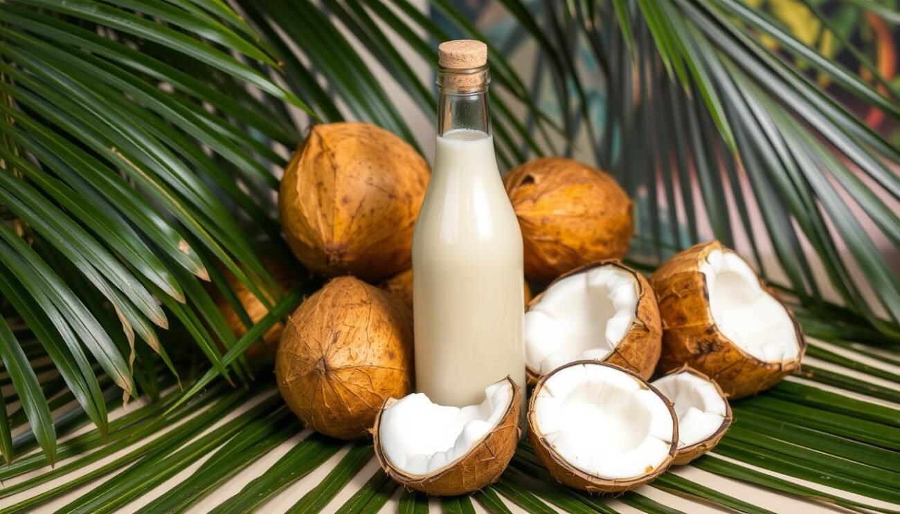 Immagine di una bottiglia di Batida de Coco Mangaroca con cocco fresco intorno