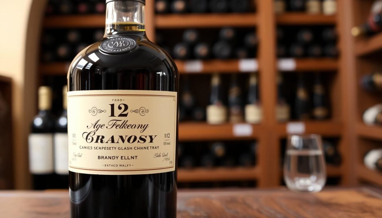 Immagine di una bottiglia di Brandy Invecchiato 12 Anni con etichetta elegante e sfondo di cantina.