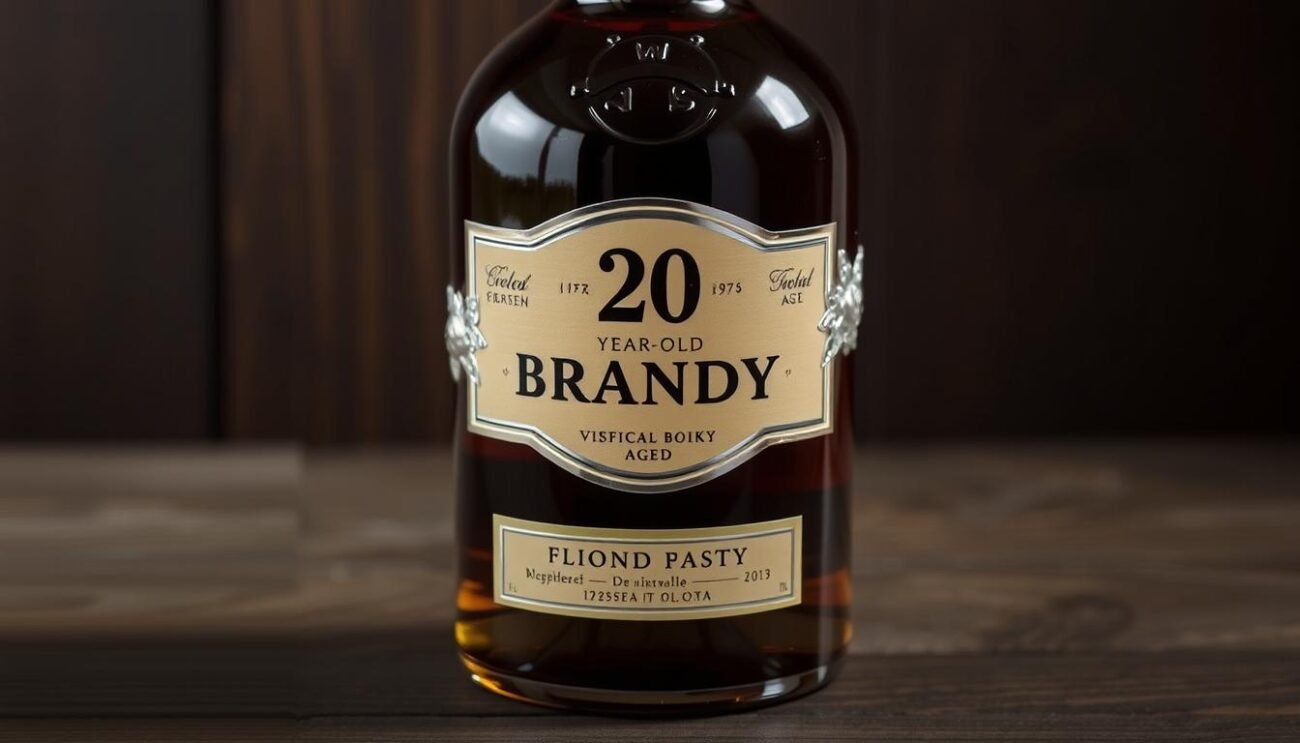 Immagine di una bottiglia di Brandy Invecchiato 20 Anni con decorazioni in argento e sfondo di legno scuro.