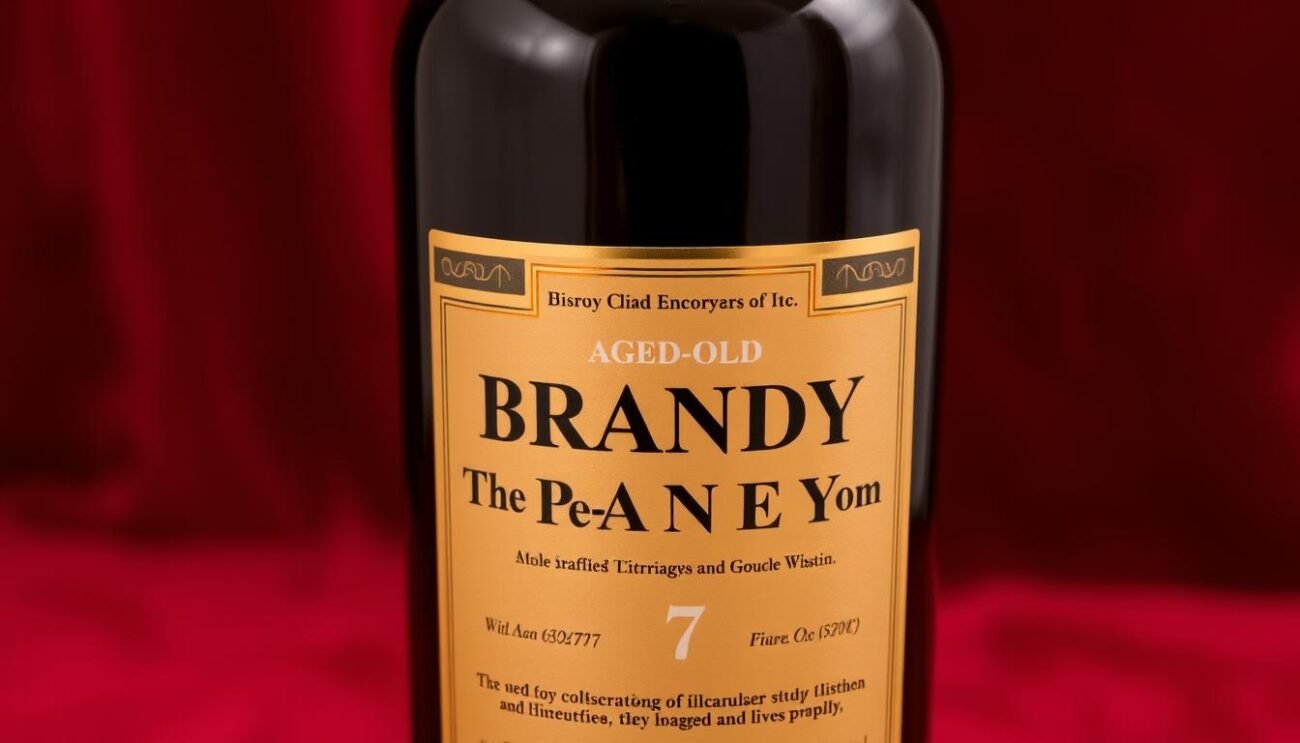 Immagine di una bottiglia di Brandy Invecchiato 27 Anni con etichetta in oro e sfondo di velluto rosso.