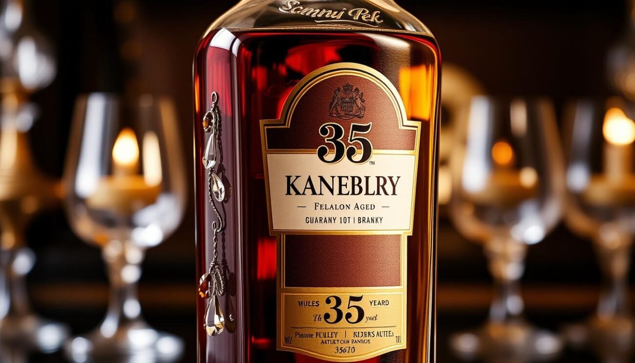 Immagine di una bottiglia di Brandy Invecchiato 35 Anni con decorazioni in cristallo e sfondo di lusso.