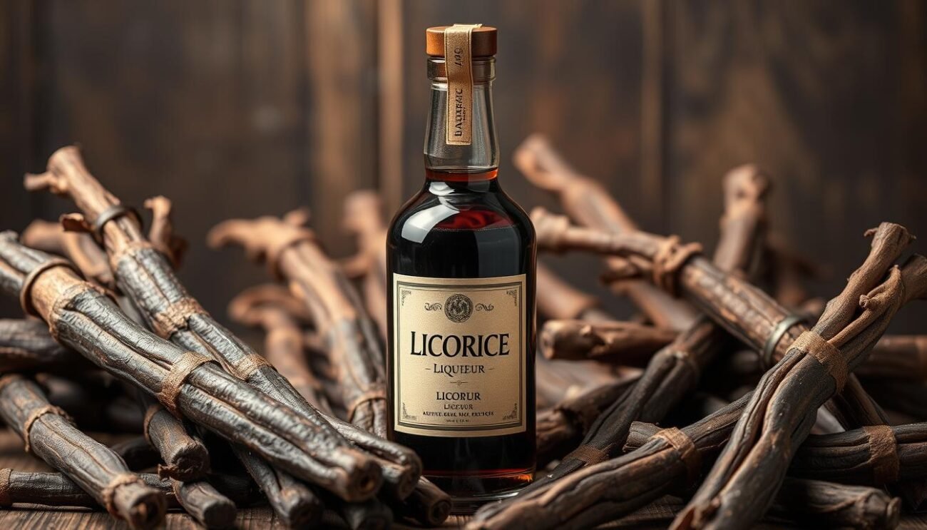 Immagine di una bottiglia di Liquerì con radici di liquirizia