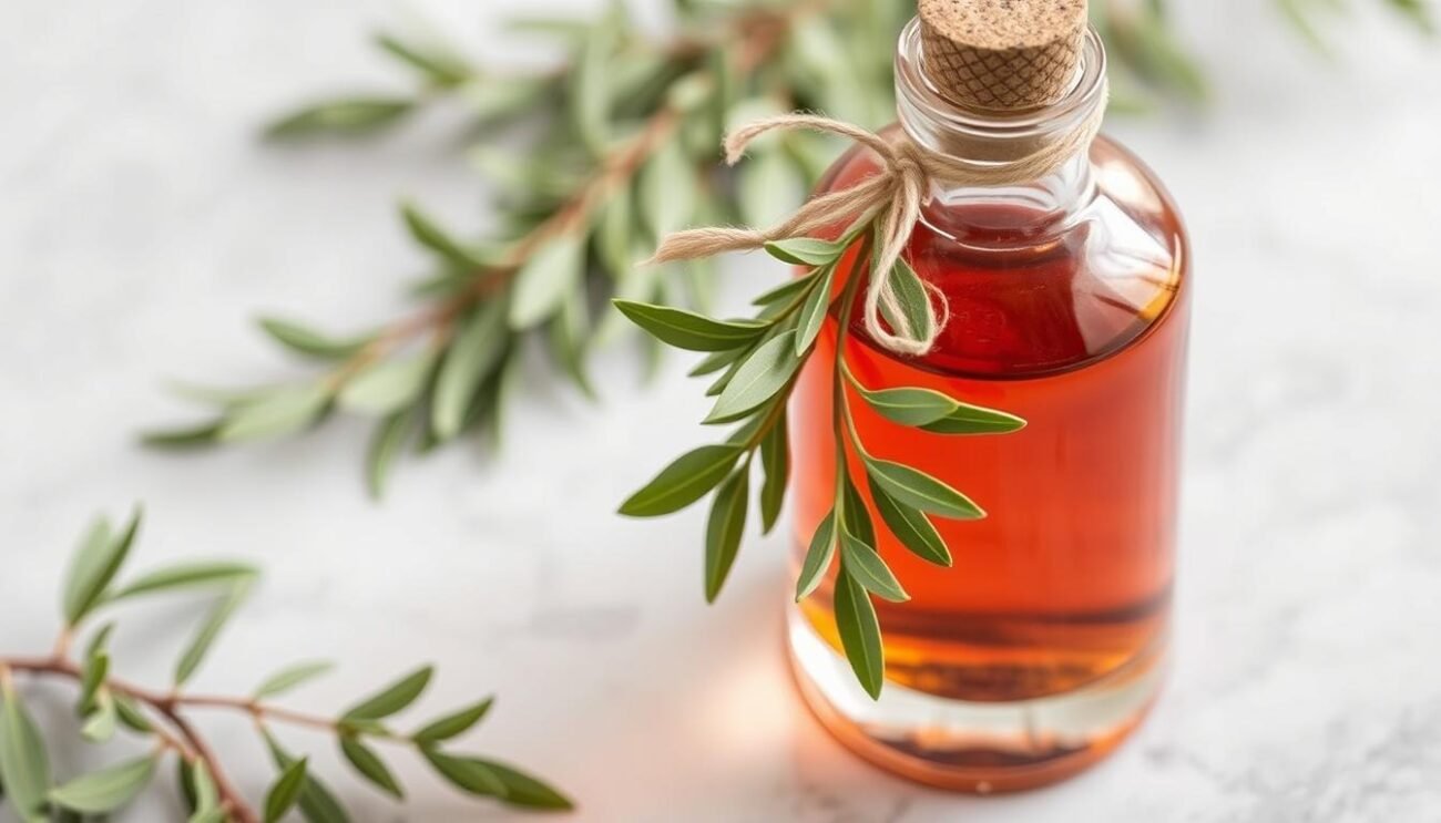 Immagine di una bottiglia di Liquore Artigianale all'Alloro con foglie di alloro